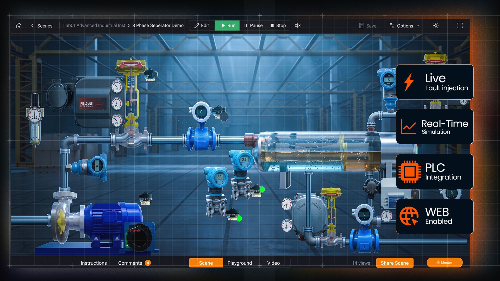 Velnode virtual lab showing a live pump, control valve and separator simulation